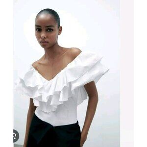 NWOT Zara Cotton Bodysuit Fuchsia With Maxi Ruffles sz S  1660 300